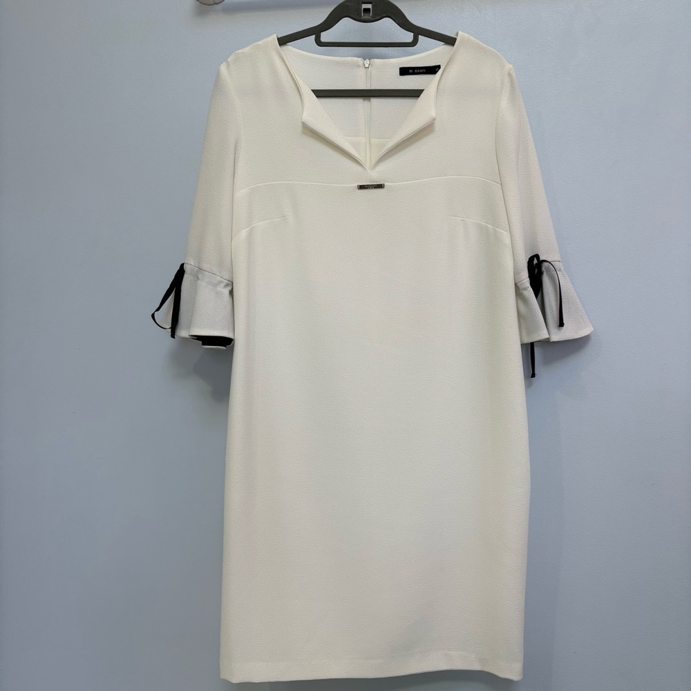 Monnari Women’s Shift Dress Sz 40 White Empire Waist 3/4 Bell Sleeves Nautical